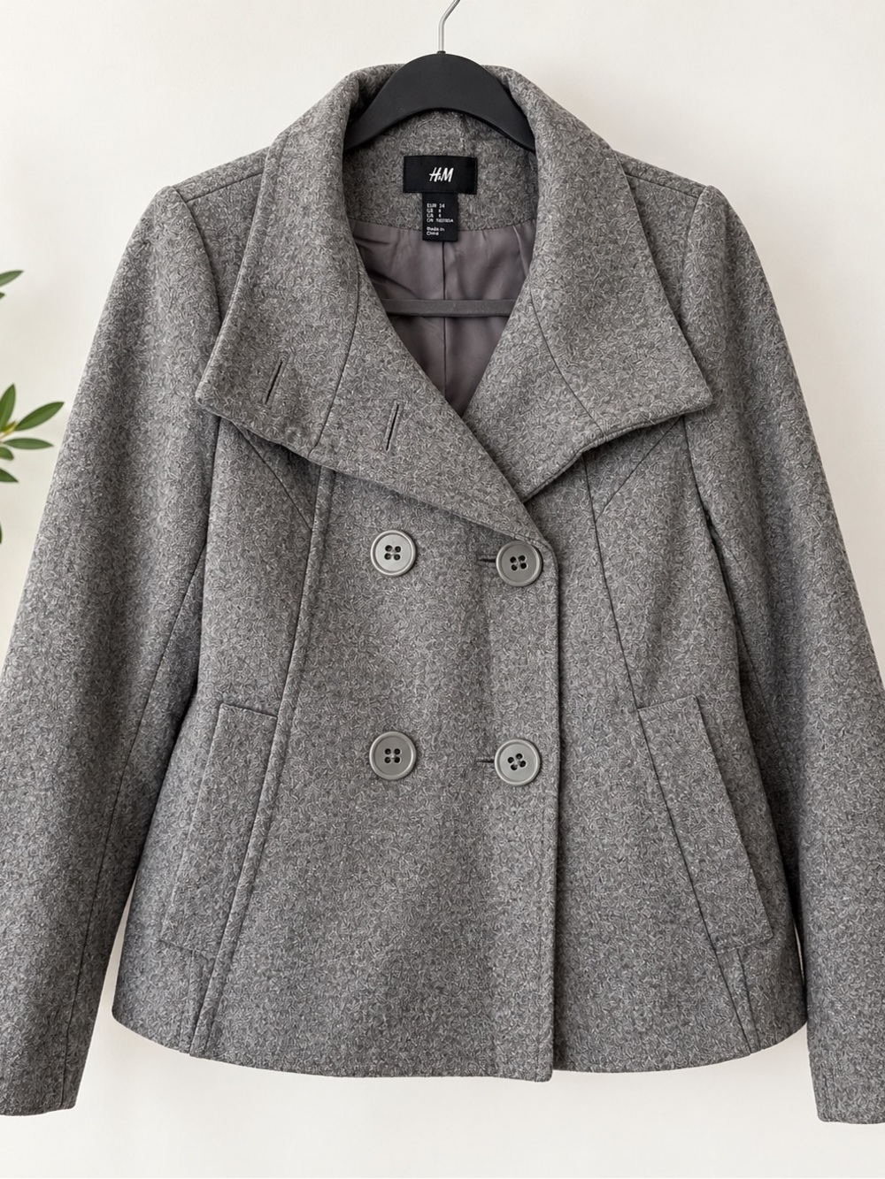 H&M Gray Double-Breasted Pea Coat with Wide Collar